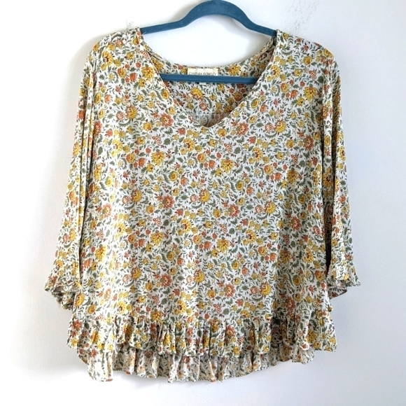 CYNTHIA Rowley Floral Oversized Calico Floral Ruffle Top L Cottagecore - Picture 1 of 11